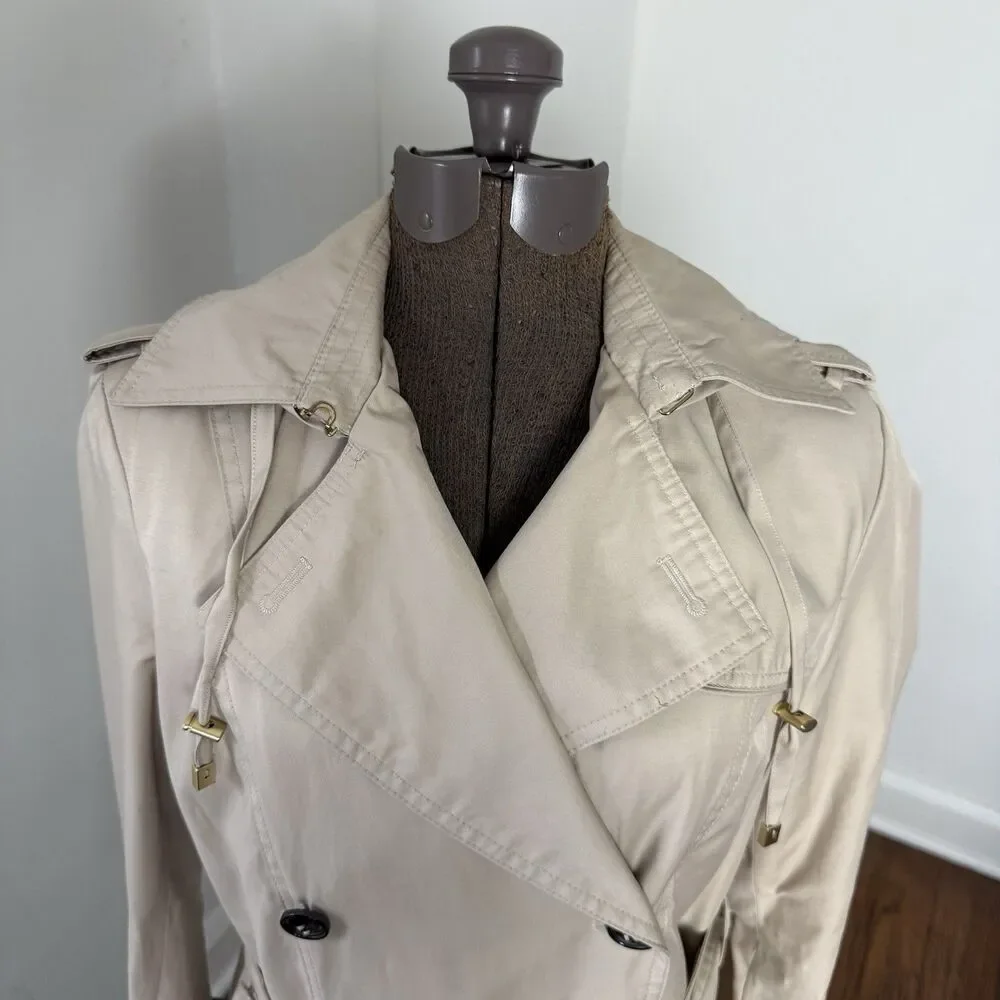 Cole Haan Hooded Trench Coat Beige Double Breasted Belted Medium